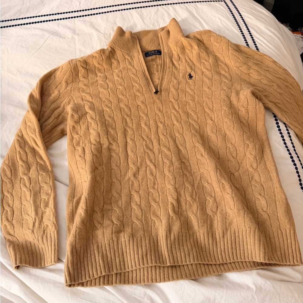Polo Ralph Lauren Men’s Wool and Cashmere Cable-Knit Half-Zip Sweater in Beige - Picture 3 of 7